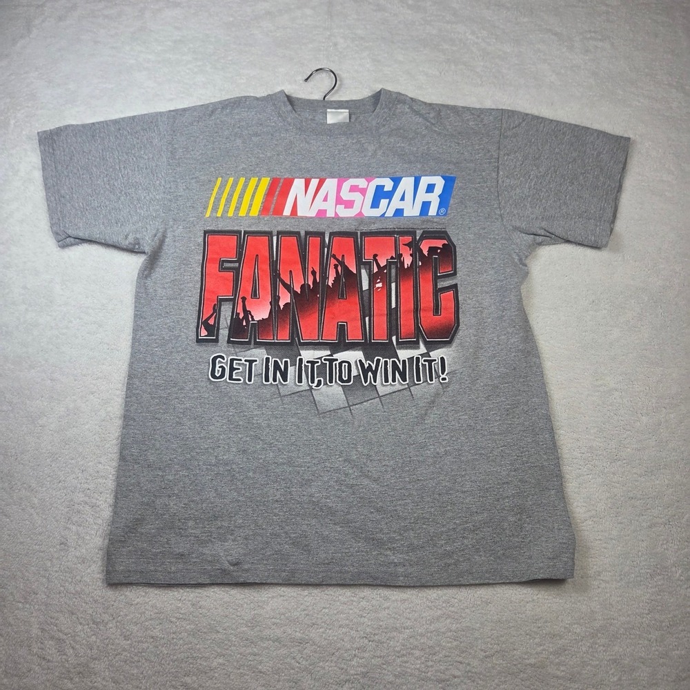 NASCAR Fanatic T Shirt Mens Large Gray Checkered Flag Sports Anvil Graphic Tee